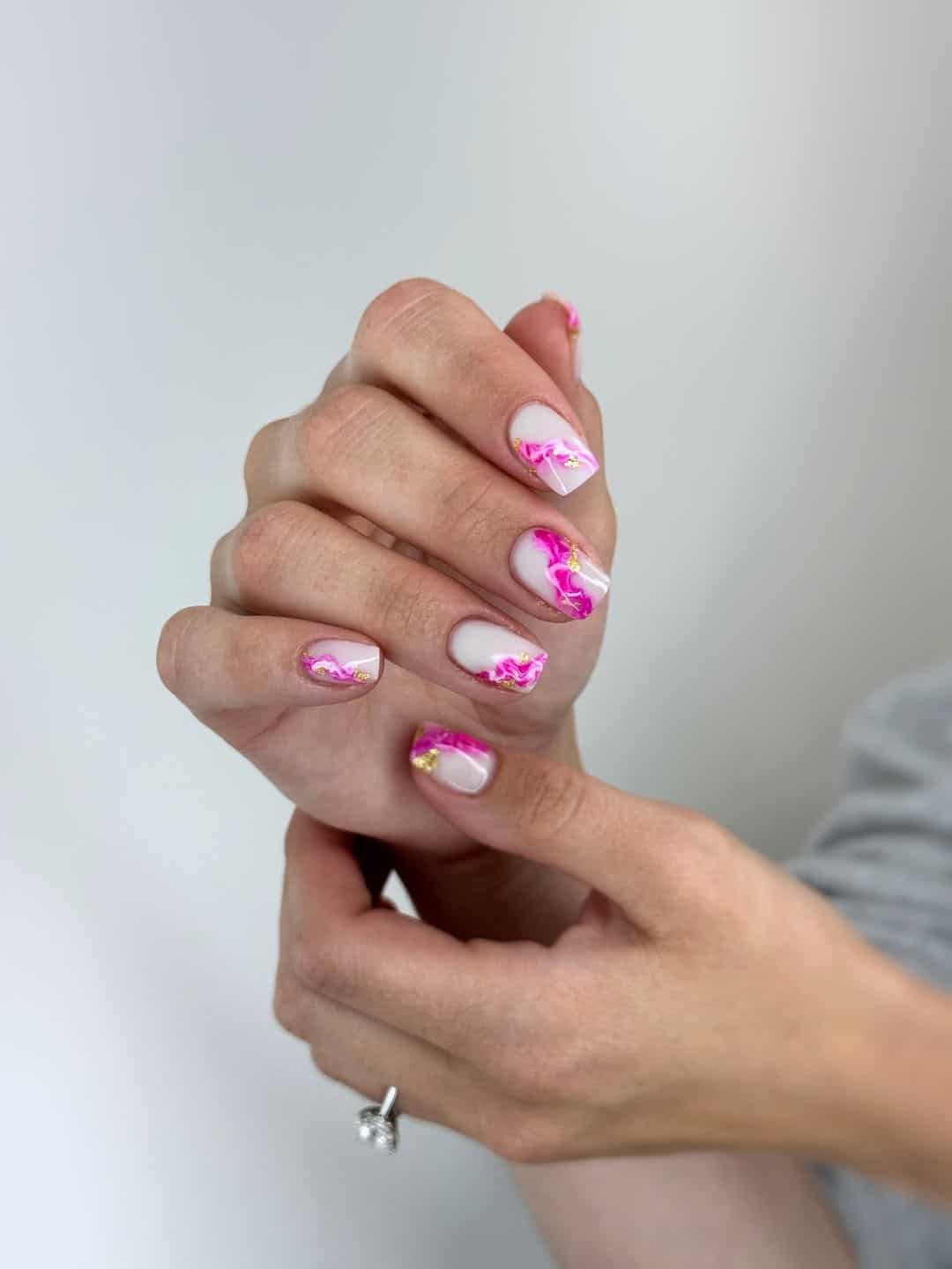 13. Short Pink Marble Nails with Gold Foil - marble nail ideas