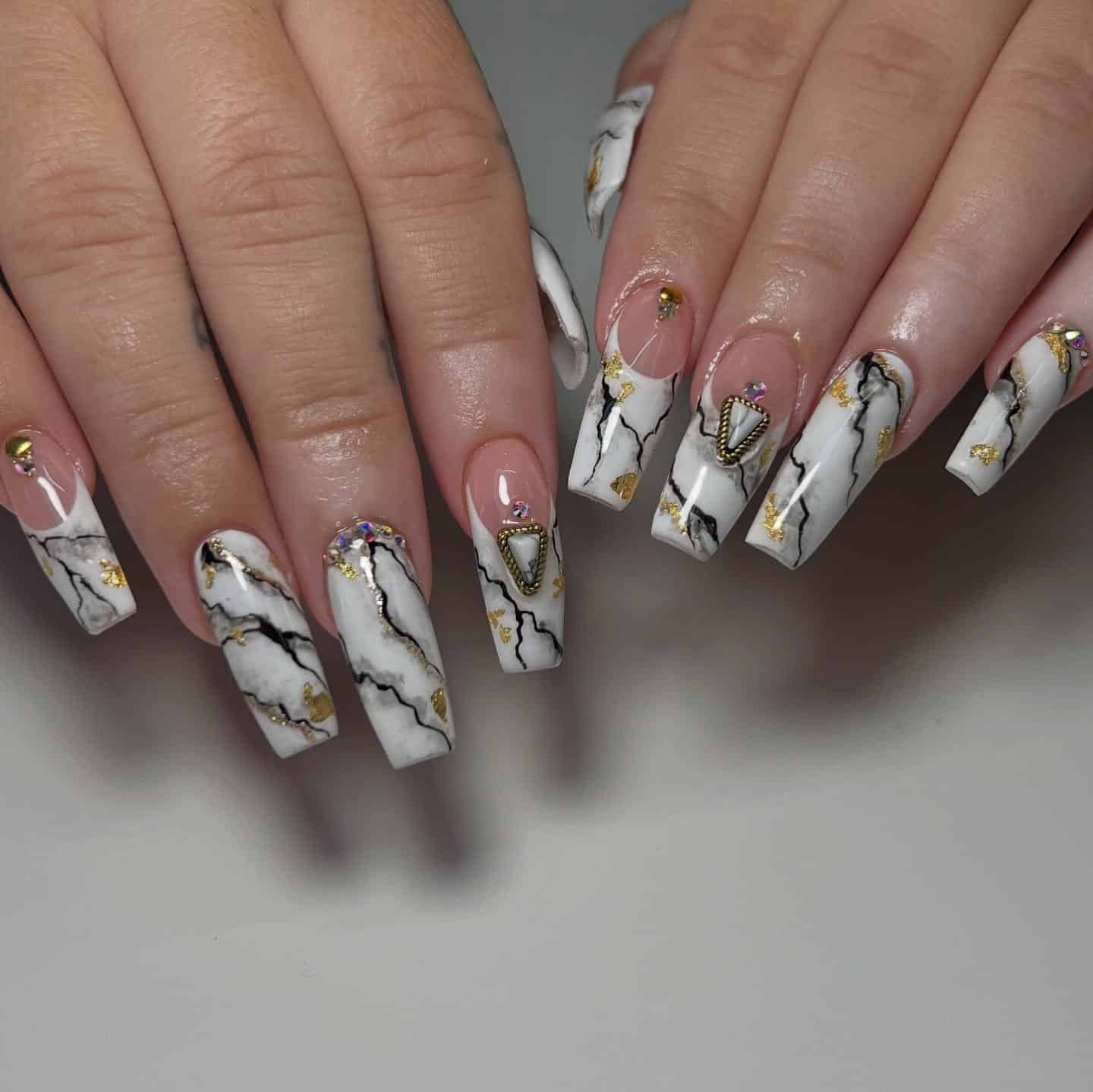14. White Marble French Coffin Nails with Gold Accents - marble nail ideas