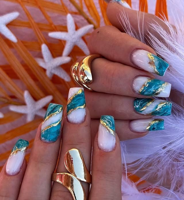 18. Turquoise Marble Square Nails with Gold Lines - marble nail ideas