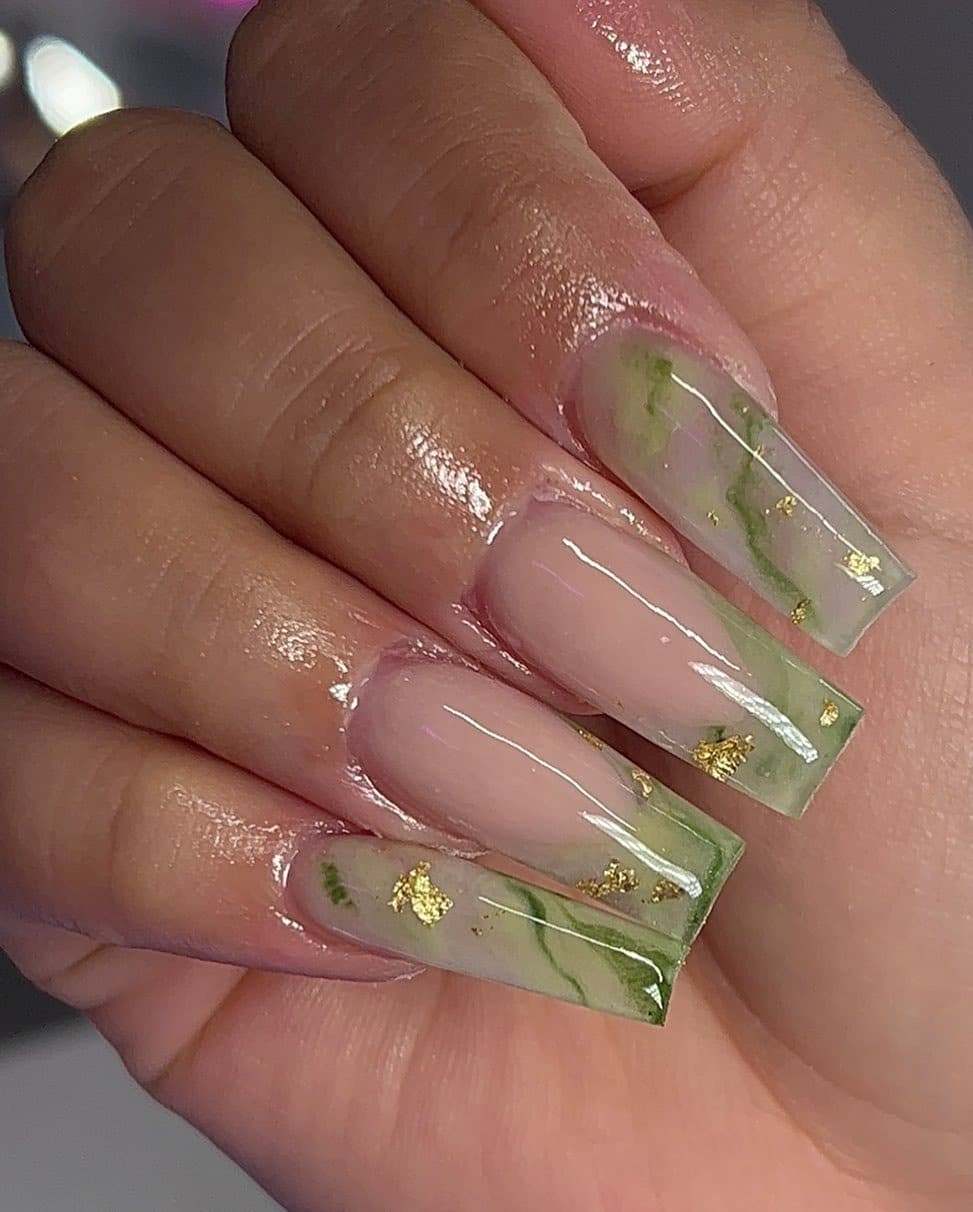 20. Green Marble Coffin Nails with Gold Foil - marble nail ideas