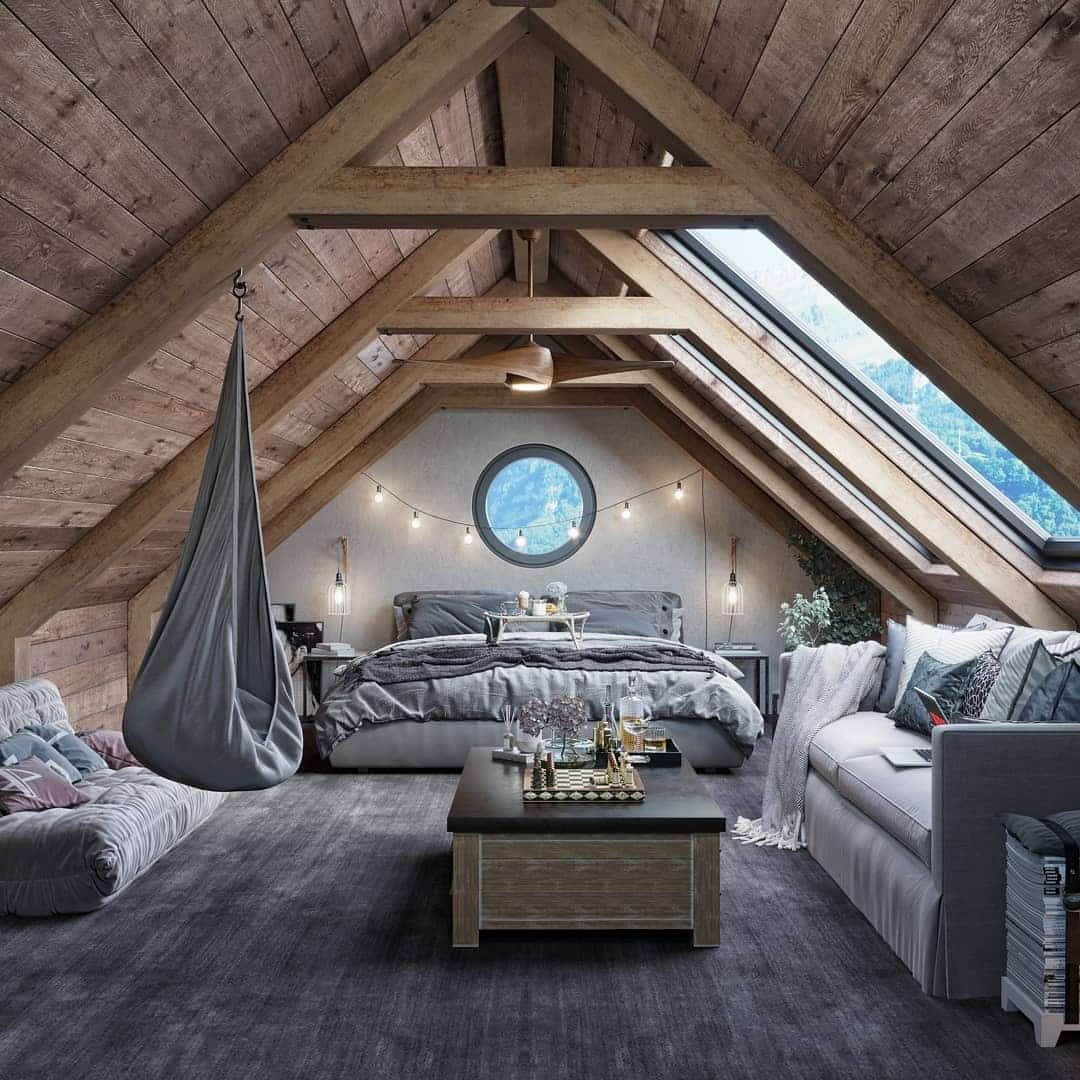 1. Rustic Timber Attic Bedroom Ideas with Gray Accents - attic bedroom ideas