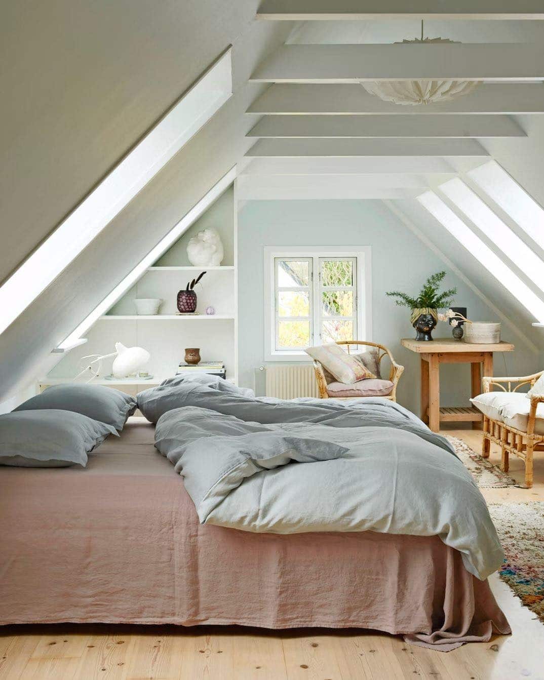 2. Soft Sage Attic Bedroom Ideas with Scandinavian Style - attic bedroom ideas