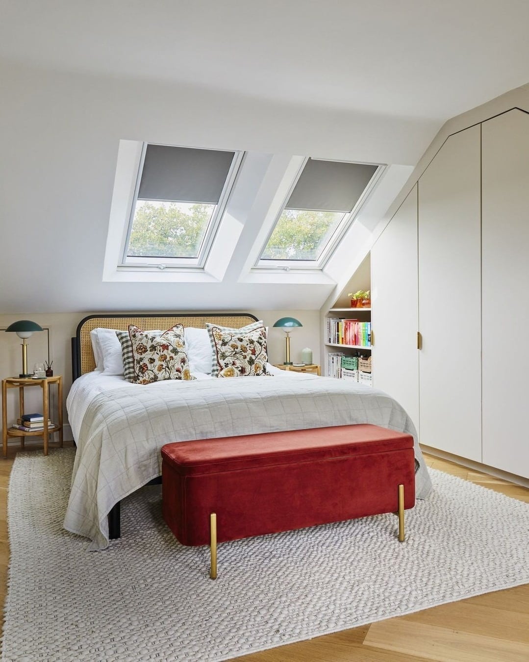 3. White Attic Bedroom Ideas with Red Velvet Accent Bench - attic bedroom ideas