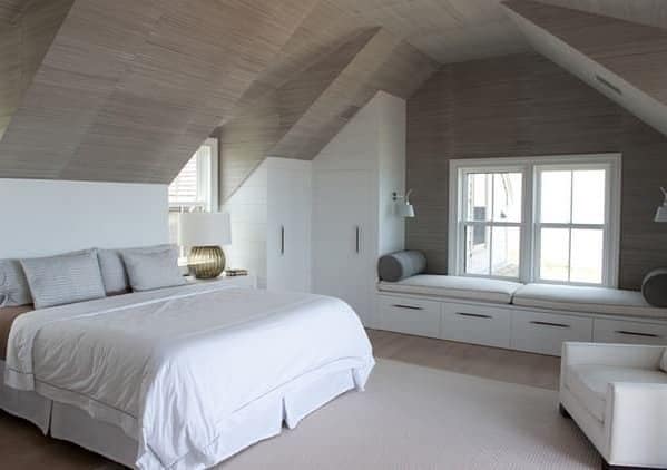 12. Soft Gray Attic Bedroom Ideas with Built-In Window Seating - attic bedroom ideas