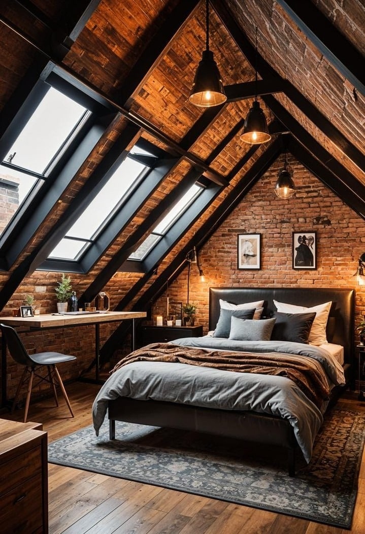 13. Industrial Brick Attic Bedroom Ideas with Rich Brown Wood - attic bedroom ideas