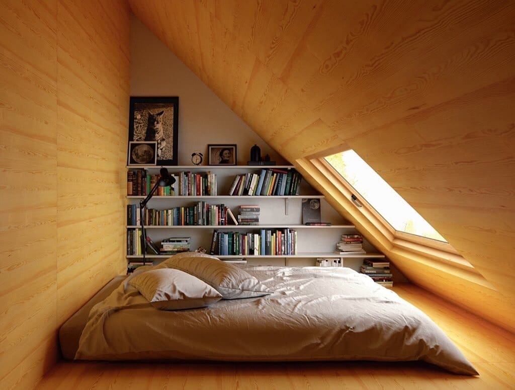 14. Natural Pine Attic Bedroom Ideas with Floor Bed Design - attic bedroom ideas