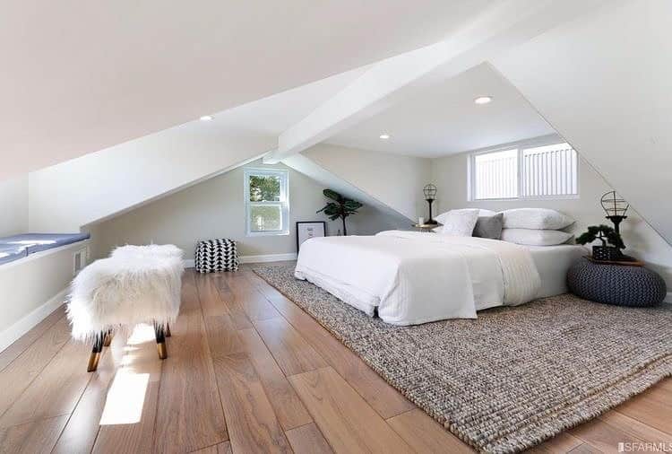 16. Minimal Neutral Attic Bedroom Ideas with Low Profile Bed - attic bedroom ideas