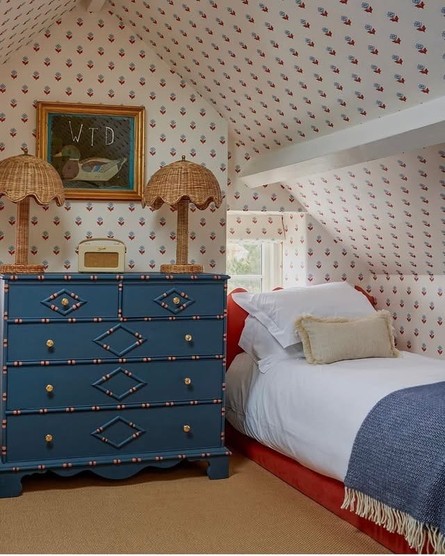 17. Charming Blue Attic Bedroom Ideas with Floral Wallpaper - attic bedroom ideas