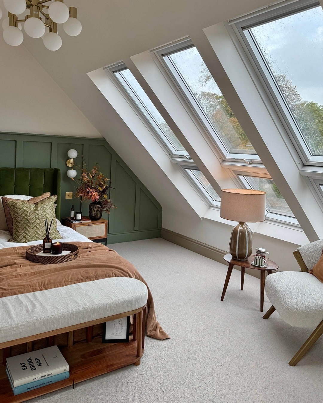 18. Olive Green Attic Bedroom Ideas with Modern Skylights - attic bedroom ideas