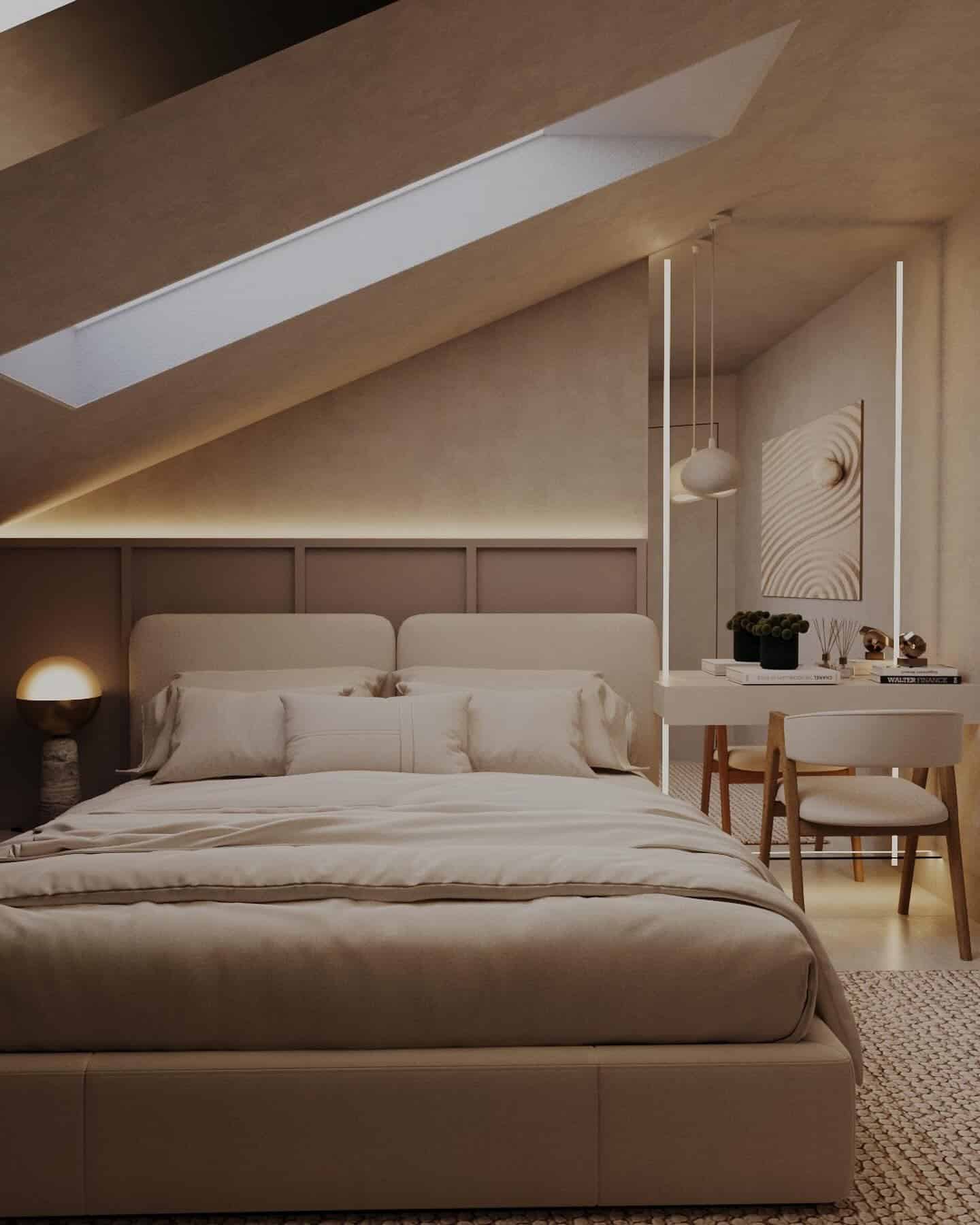 21. Modern Beige Attic Bedroom Ideas with Built-In Workspace - attic bedroom ideas
