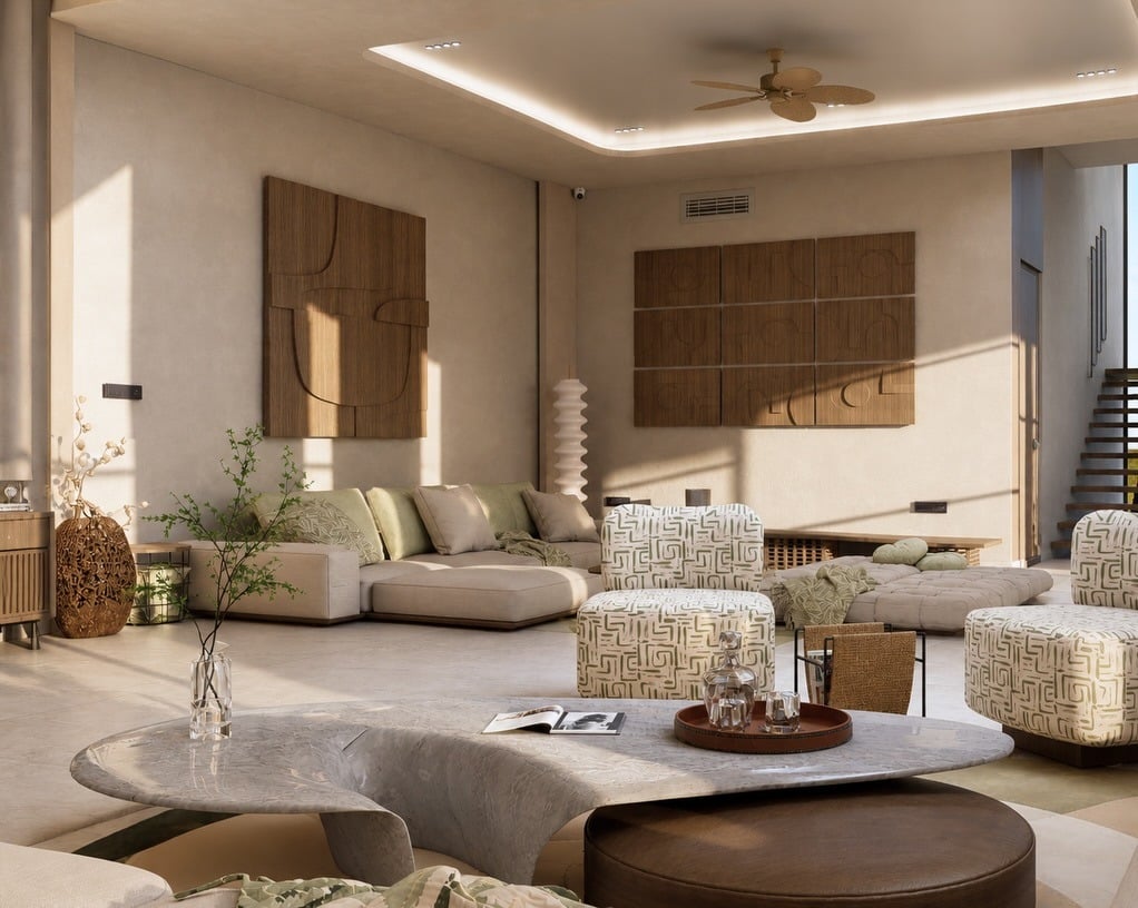 7. Organic Neutral Earthy Living Room with Olive Green Accents - earthy living room ideas