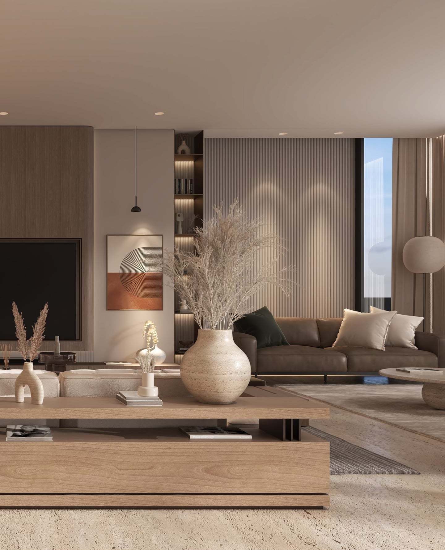 11. Modern Earthy Living Room with Walnut and Taupe Tones - earthy living room ideas
