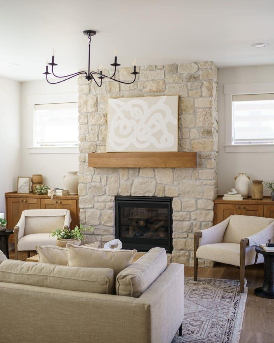 13. Stone Earthy Living Room with Beige and Oak Details - earthy living room ideas