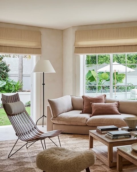 15. Soft Sand Earthy Living Room with Natural Wood Furniture - earthy living room ideas