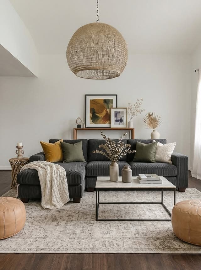 16. Charcoal Earthy Living Room with Olive Green Accents - earthy living room ideas