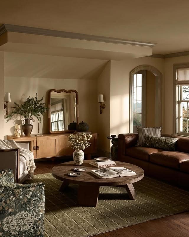 18. Classic Earthy Living Room with Walnut and Olive Tones - earthy living room ideas