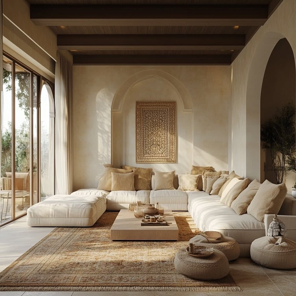 19. Mediterranean Earthy Living Room with Cream and Beige Palette - earthy living room ideas