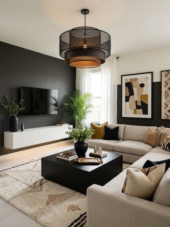 20. Contemporary Earthy Living Room with Black and Linen Colors - earthy living room ideas