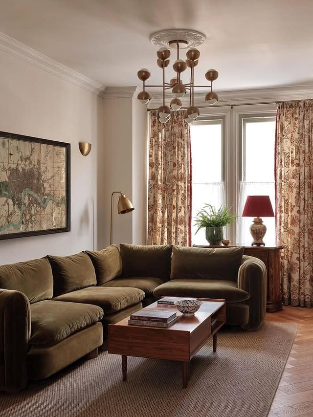 22. Olive Green Earthy Living Room with Walnut Accents - earthy living room ideas