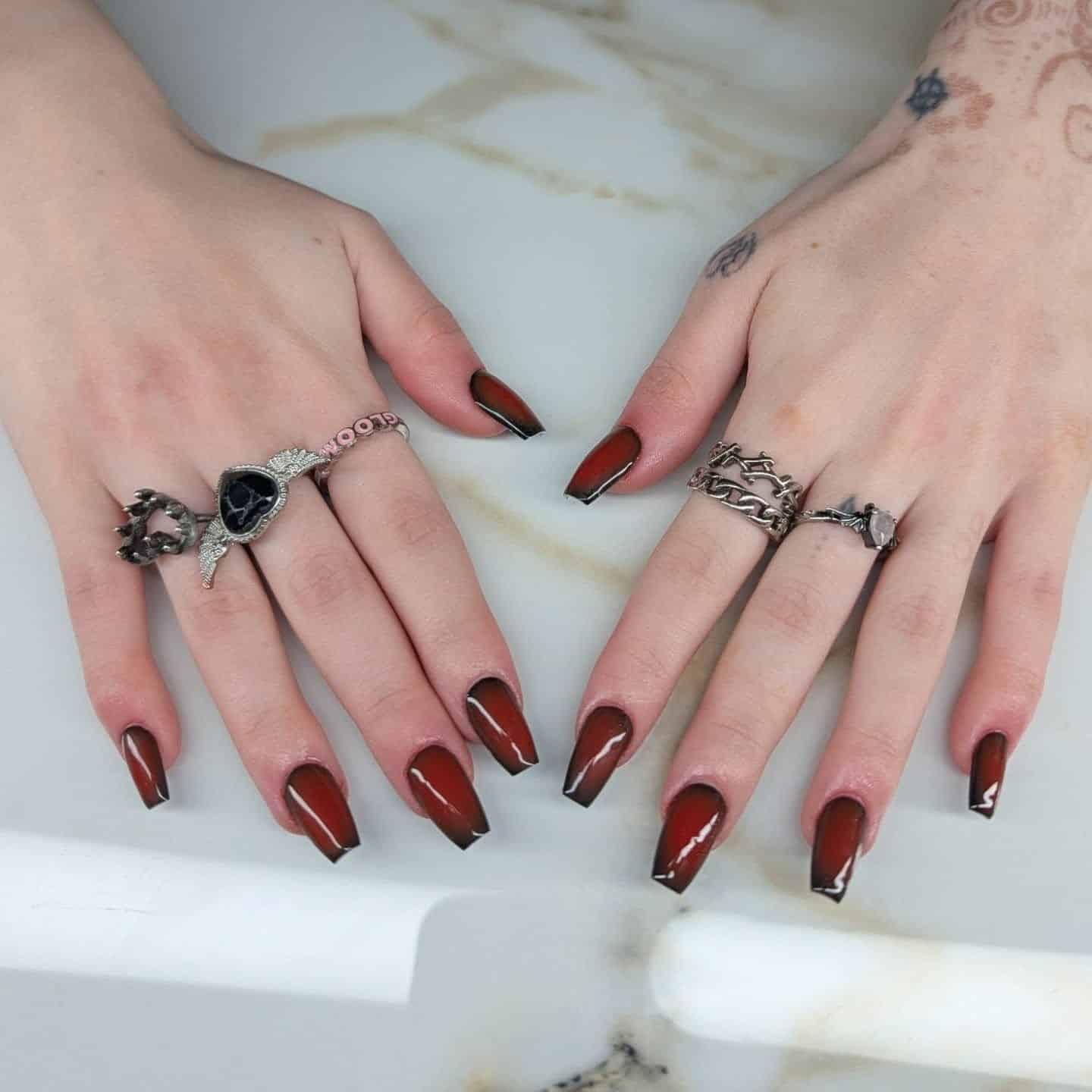 4. Brown to Black Gradient Coffin Nails - red and black nail ideas