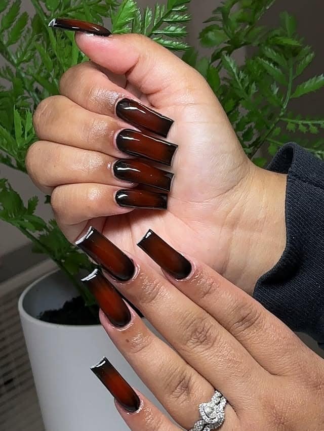 5. Glossy Espresso Coffin Nails - red and black nail ideas