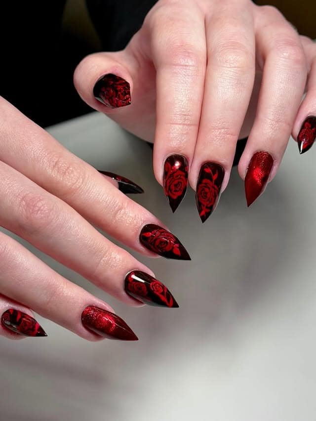 8. Black Rose Stiletto Nails - red and black nail ideas