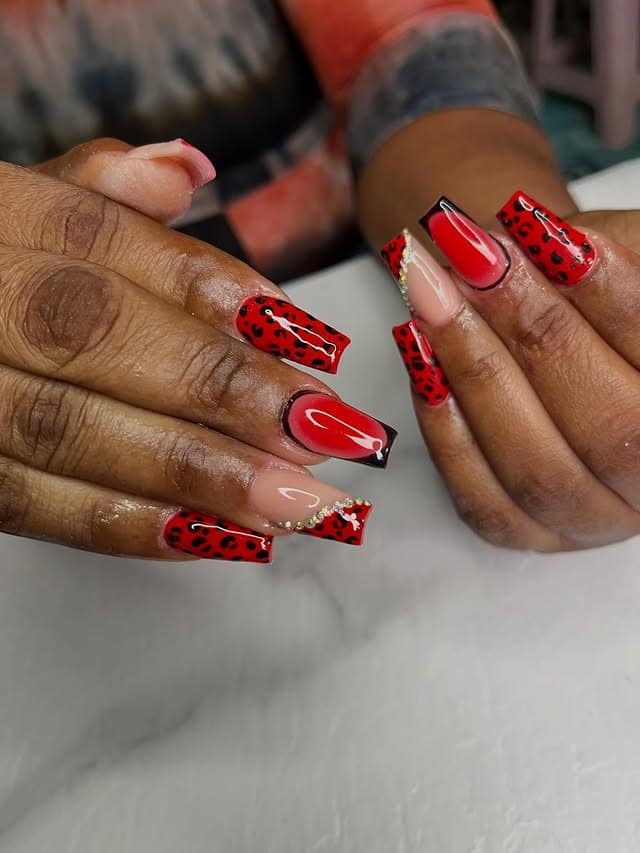 9. Red Leopard Square Nails - red and black nail ideas