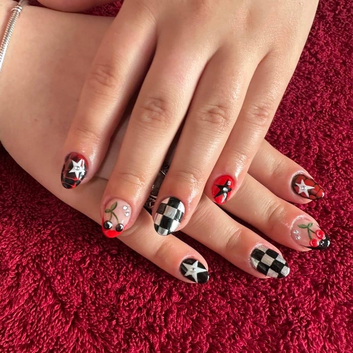 10. Cherry Checkerboard Short Nails - red and black nail ideas