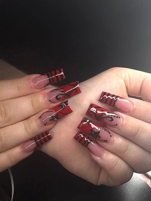 14. Red Bandana Square Nails - red and black nail ideas
