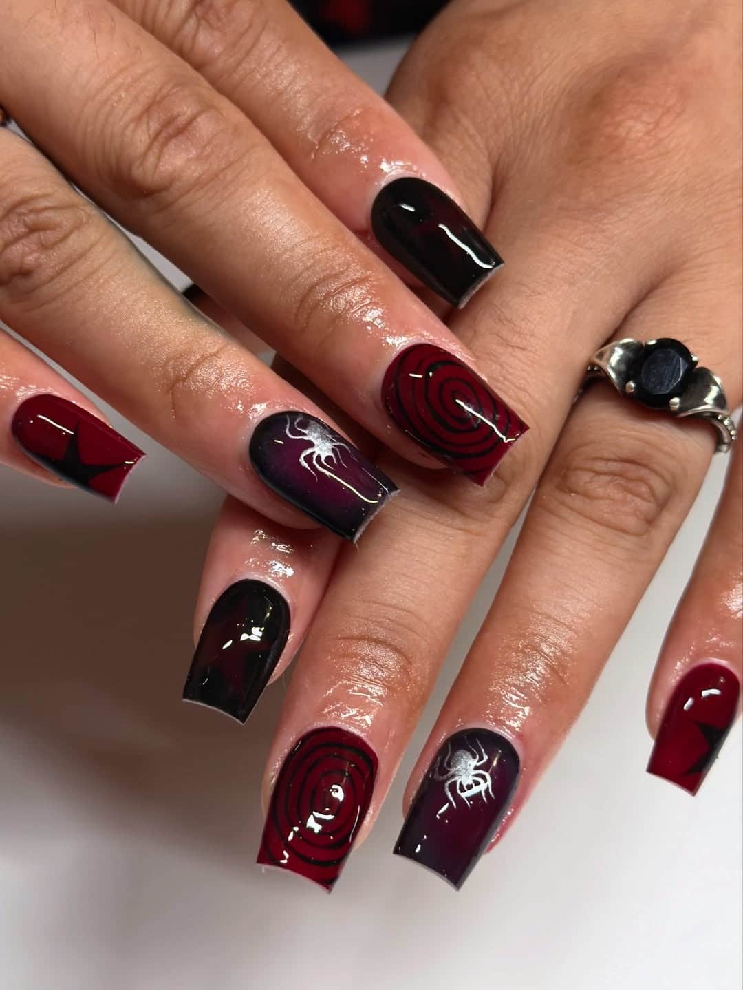 15. Black and Crimson Spider Square Nails - red and black nail ideas