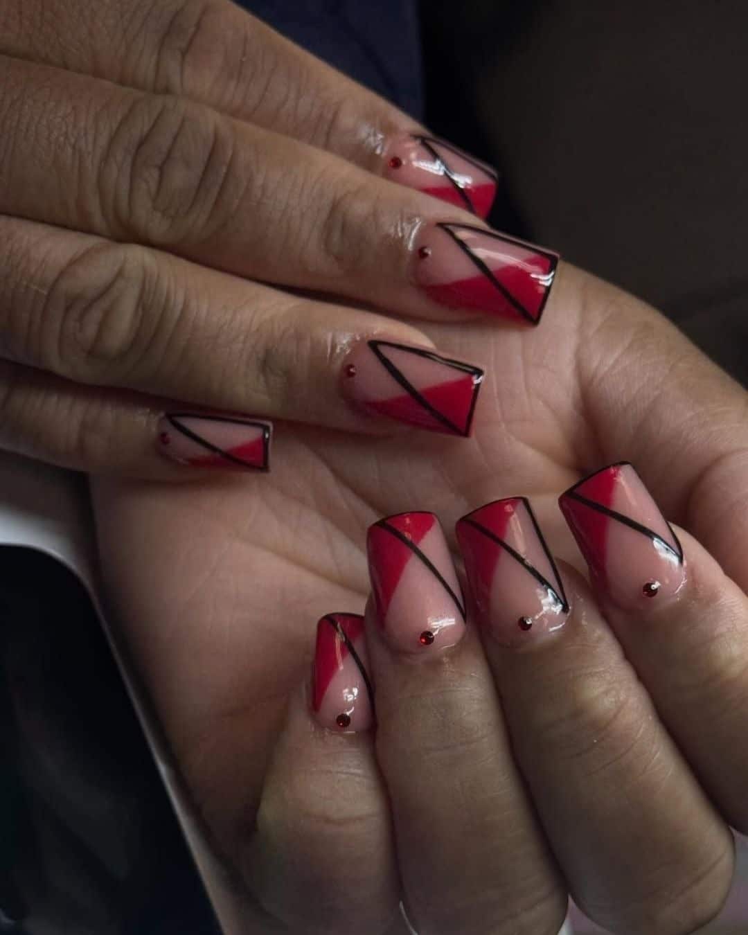 18. Red Geometric Square Nails - red and black nail ideas