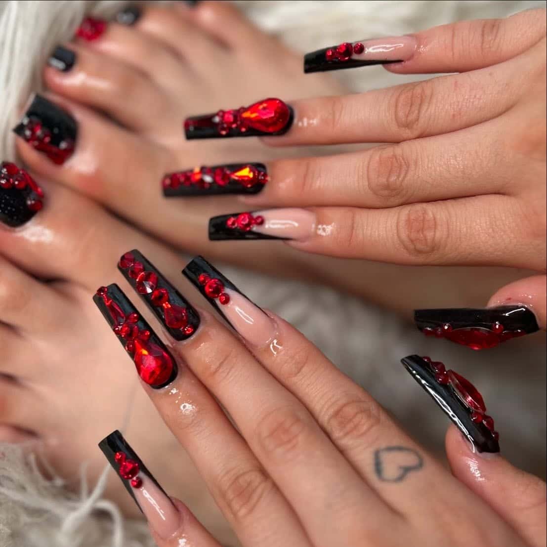 21. Black French Coffin Nails with Red Crystals - red and black nail ideas