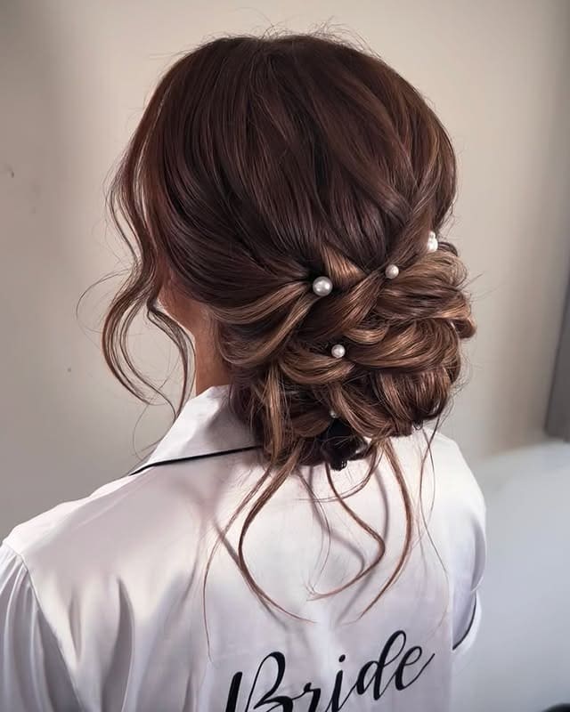 5. Classic Brunette Chignon with Pearl Details - Bride Hairstyles