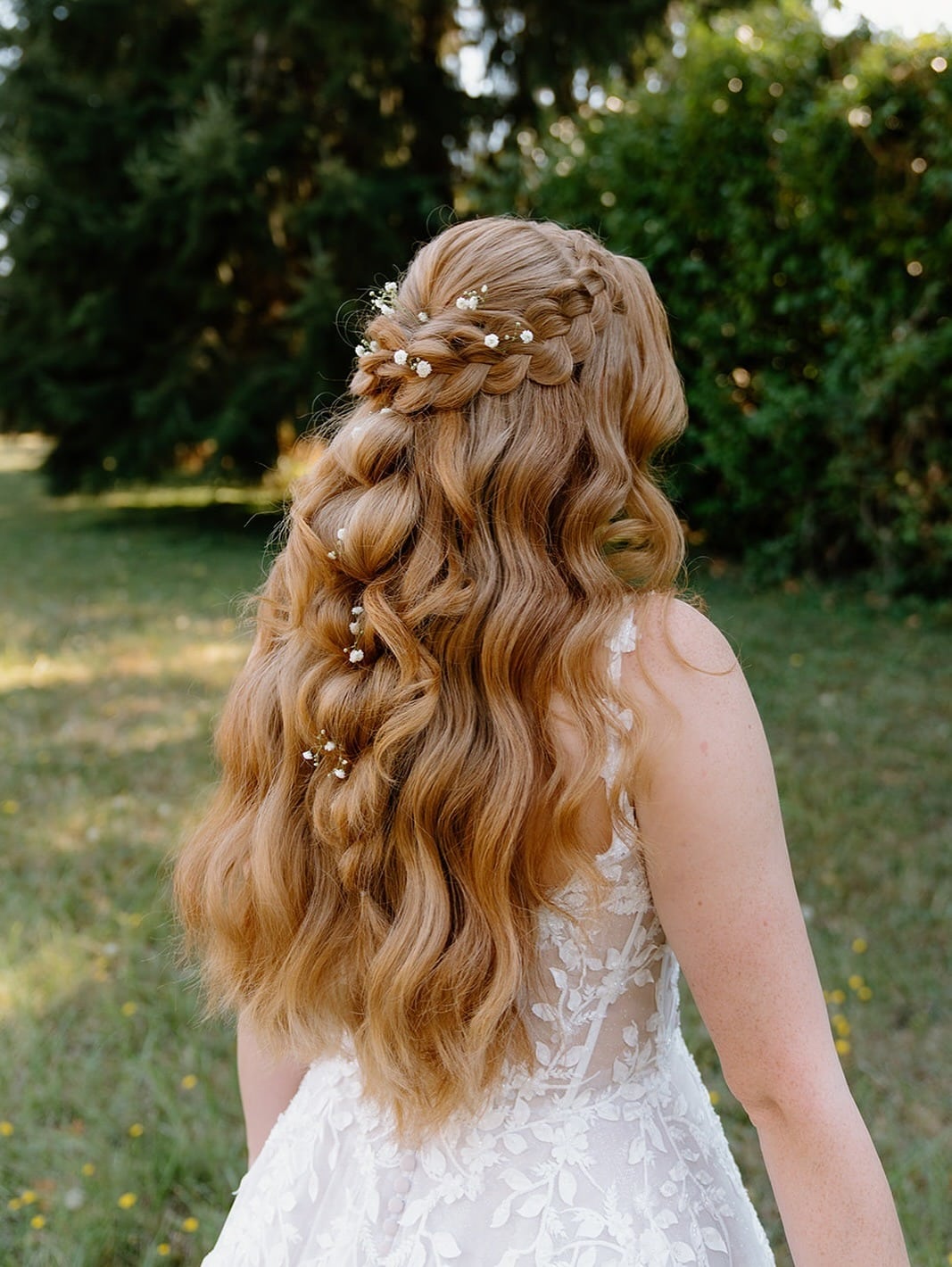 7. Boho Half-Up Braid with Long Golden Waves - Bride Hairstyles