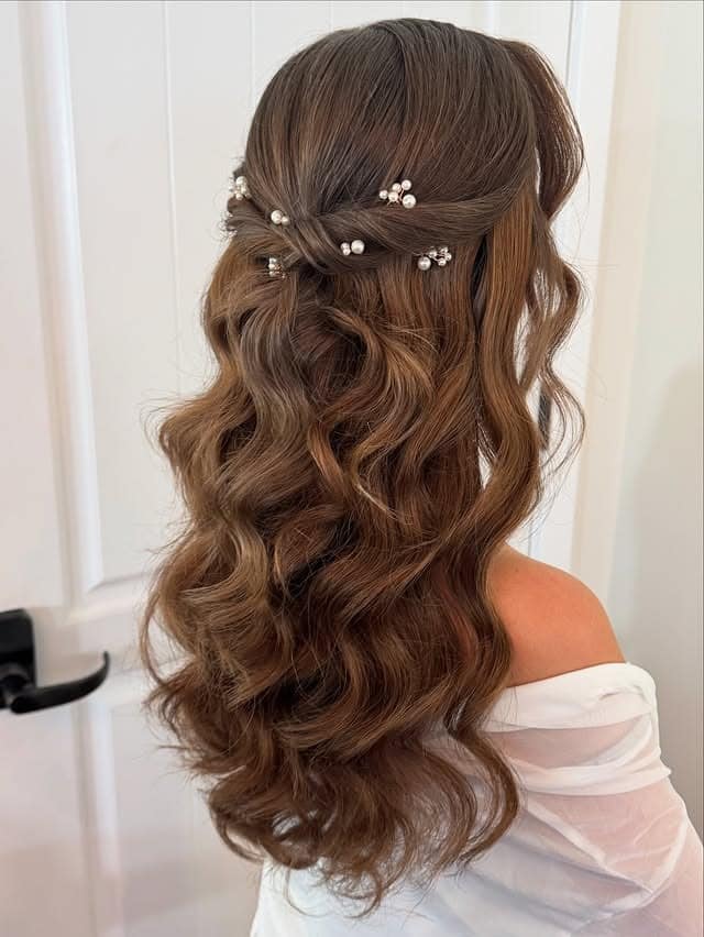 9. Romantic Brunette Half-Up Waves with Pearl Pins - Bride Hairstyles