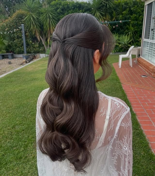 12. Sleek Espresso Brown Half-Up Waves - Bride Hairstyles