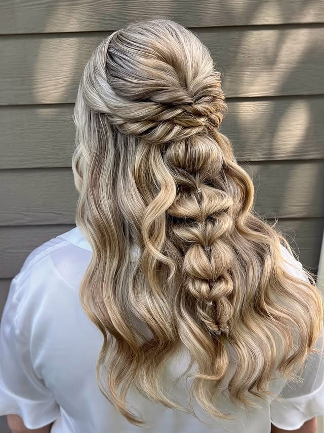 17. Half-Up Blonde Bubble Braid Waves - Bride Hairstyles