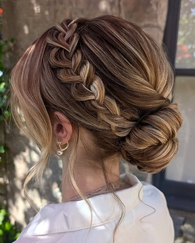 18. Braided Low Bun with Mushroom Brown Highlights - Bride Hairstyles