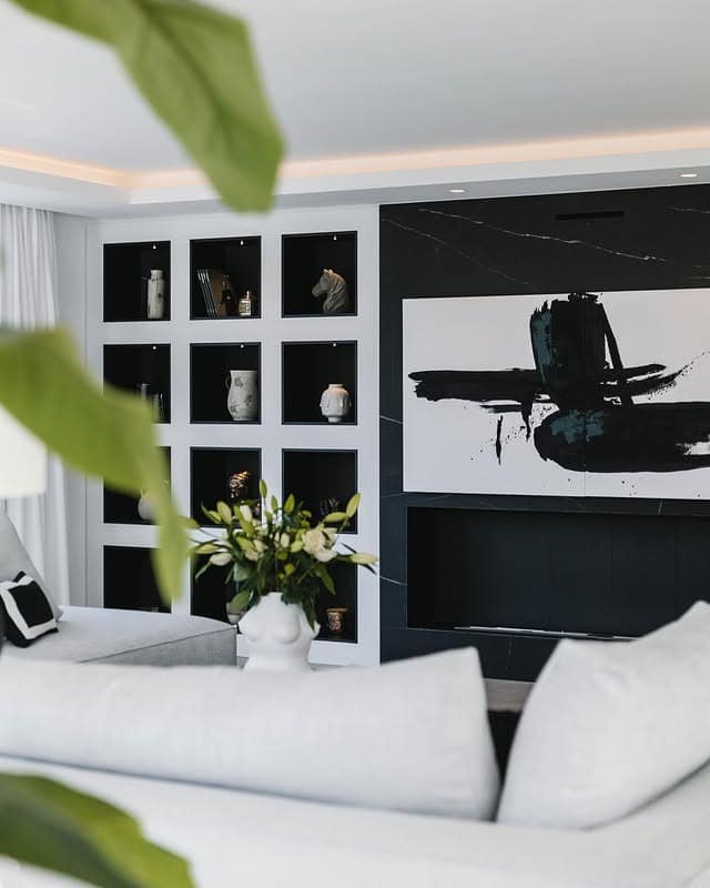 2. Modern Black and White Living Room with Gallery Wall - black and white living room ideas