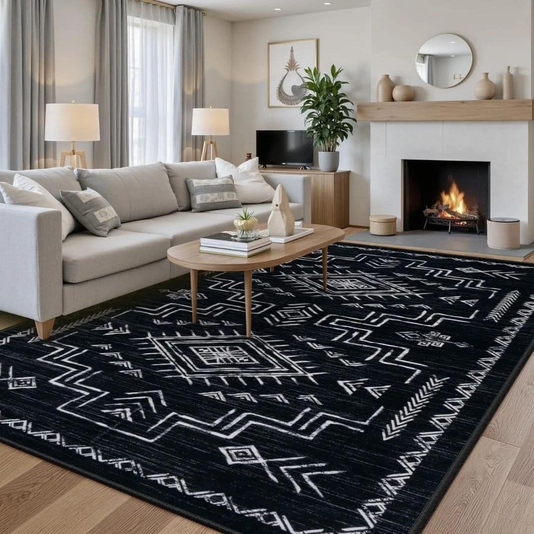 7. Black and White Living Room with Statement Patterned Rug - black and white living room ideas