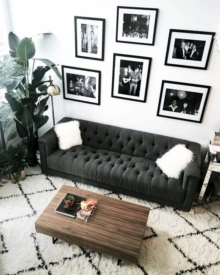 11. Black and White Living Room with Gallery Wall - black and white living room ideas