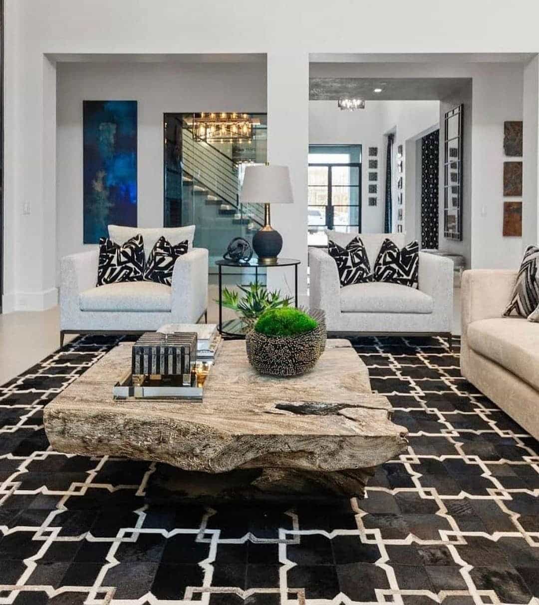 13. Black and White Living Room with Rustic Wood Coffee Table - black and white living room ideas