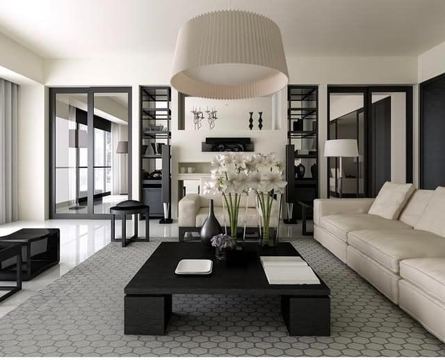 17. Minimalist Black and White Living Room with Open Layout - black and white living room ideas