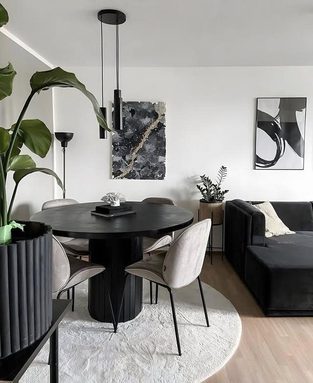 22. Black and White Open Concept Living Room with Dining Area - black and white living room ideas