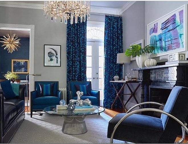3. Elegant Blue and Gray Living Room with Bold Navy Accents - blue and gray living room ideas