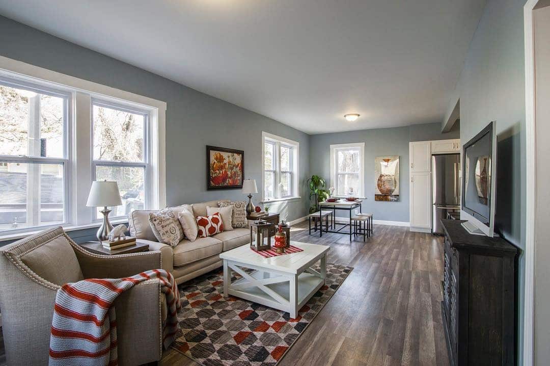 6. Open Blue and Gray Living Room with Casual Style - blue and gray living room ideas