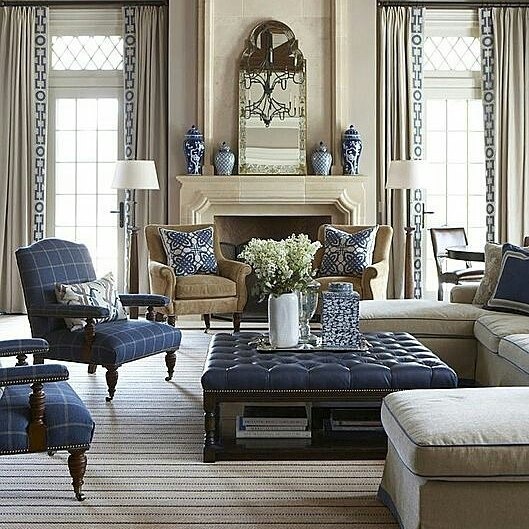 9. Traditional Blue and Gray Living Room with Classic Elegance - blue and gray living room ideas