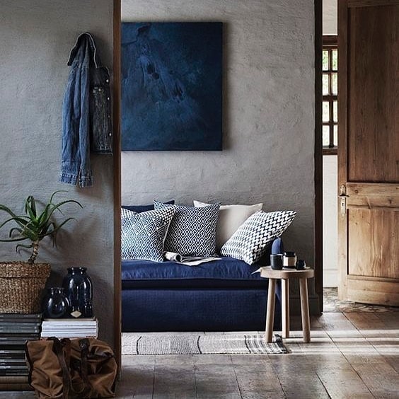 11. Blue and Gray Living Room Ideas with Rustic Navy Daybed - blue and gray living room ideas