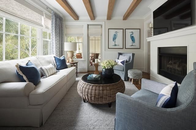 14. Coastal Blue and Gray Living Room with Soft Neutral Layers - blue and gray living room ideas