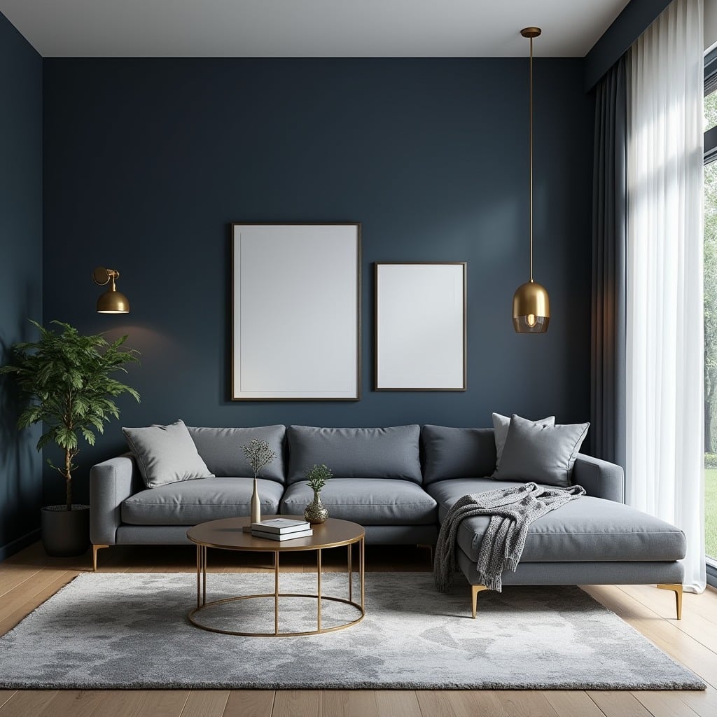 15. Moody Blue and Gray Living Room with Gold Accents - blue and gray living room ideas